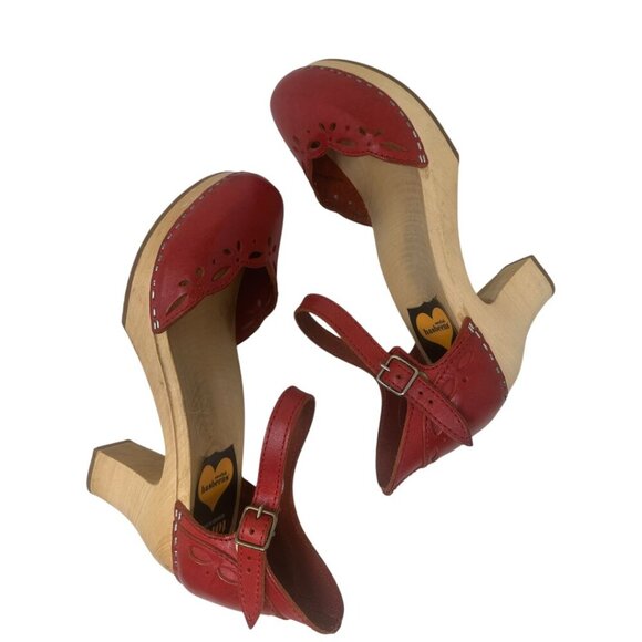 Rare Swedish Hasbeens Red Laser Cut Leather Platform Heeled Clog Sandals 9 Boho - Picture 7 of 14